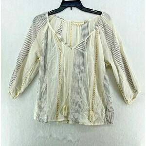 Lovestitch Blouse Women's Sz M Cream Striped Metallic Gold Puff Sleeves Tassel